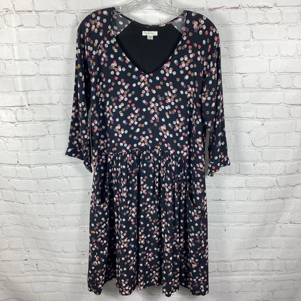 Garnett‎ Hill Multicolored Polka Dot MIDI Dress Size 8 Pockets Pleats 3/4 Sleeve